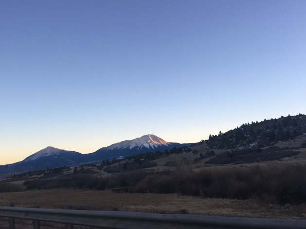 View of the Spanish Peaks at Sunset as seen from the highway
