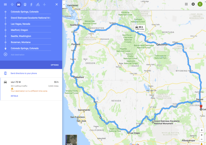 Screenshot of my google map route across the north west states of north america